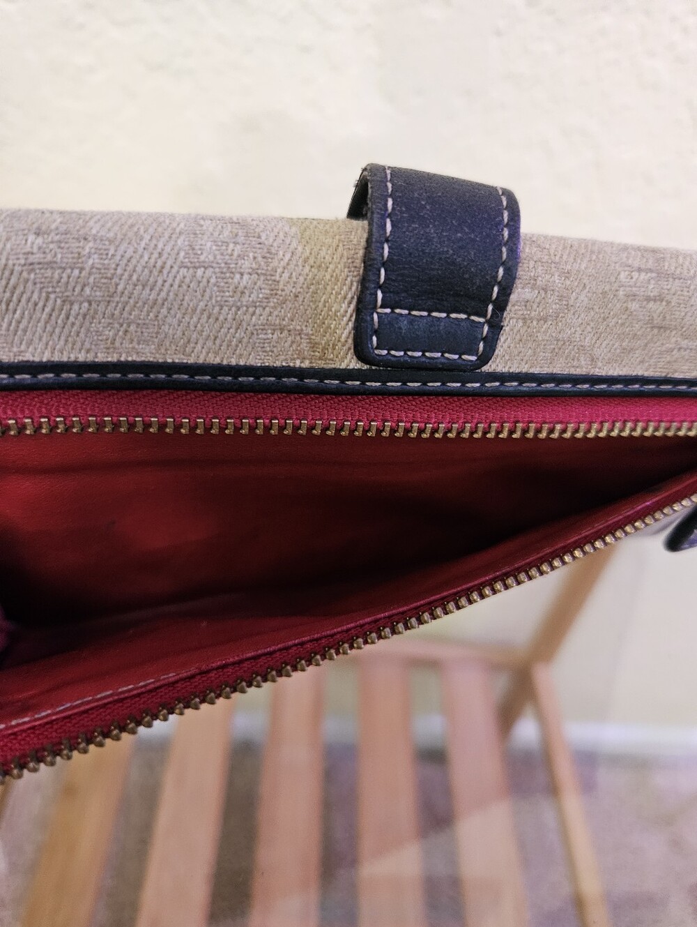 Dooney & Bourke Vintage Tan Signature Canvas Checkbook Wallet with Black Trim - Picture 12 of 16